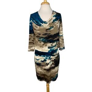 ELLEN TRACY Southwestern Water Tiled 3/4 Sleeve Jersey Dress Size 4 Green Tan